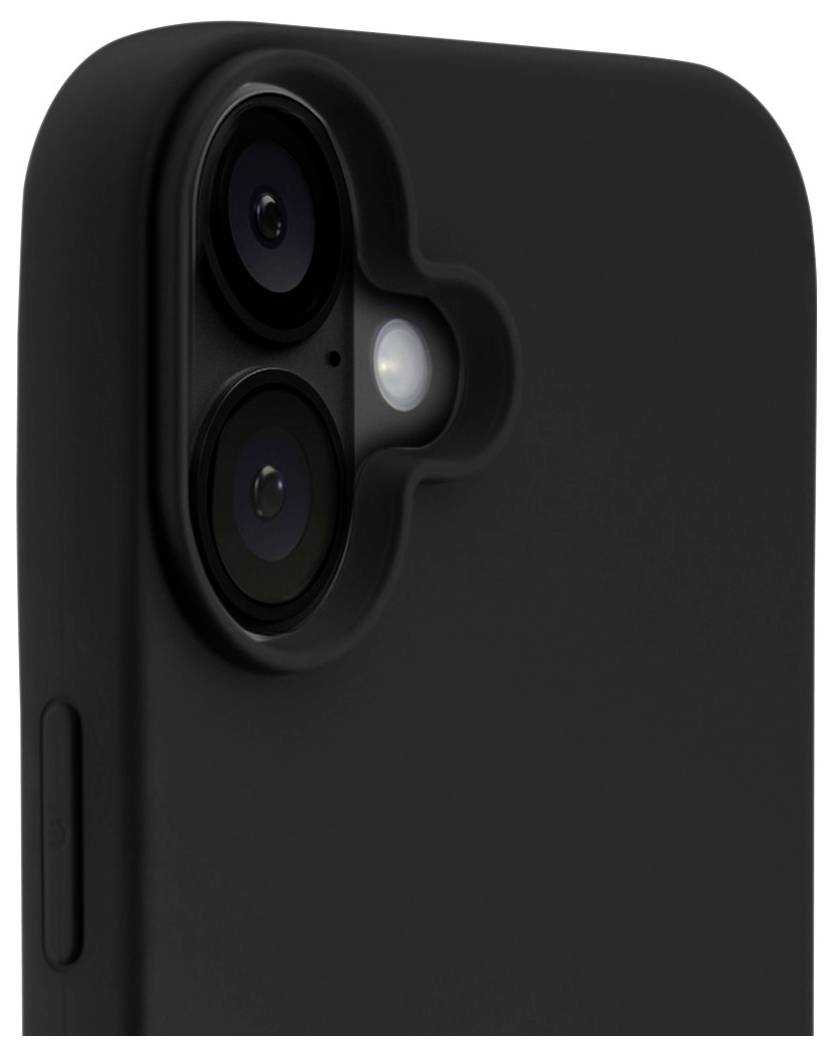 Eine Nahaufnahme der Rückseite eines schwarzen Smartphones, die zwei Kameraobjektive und einen Blitz zeigt und das elegante Design des Geräts hervorhebt.