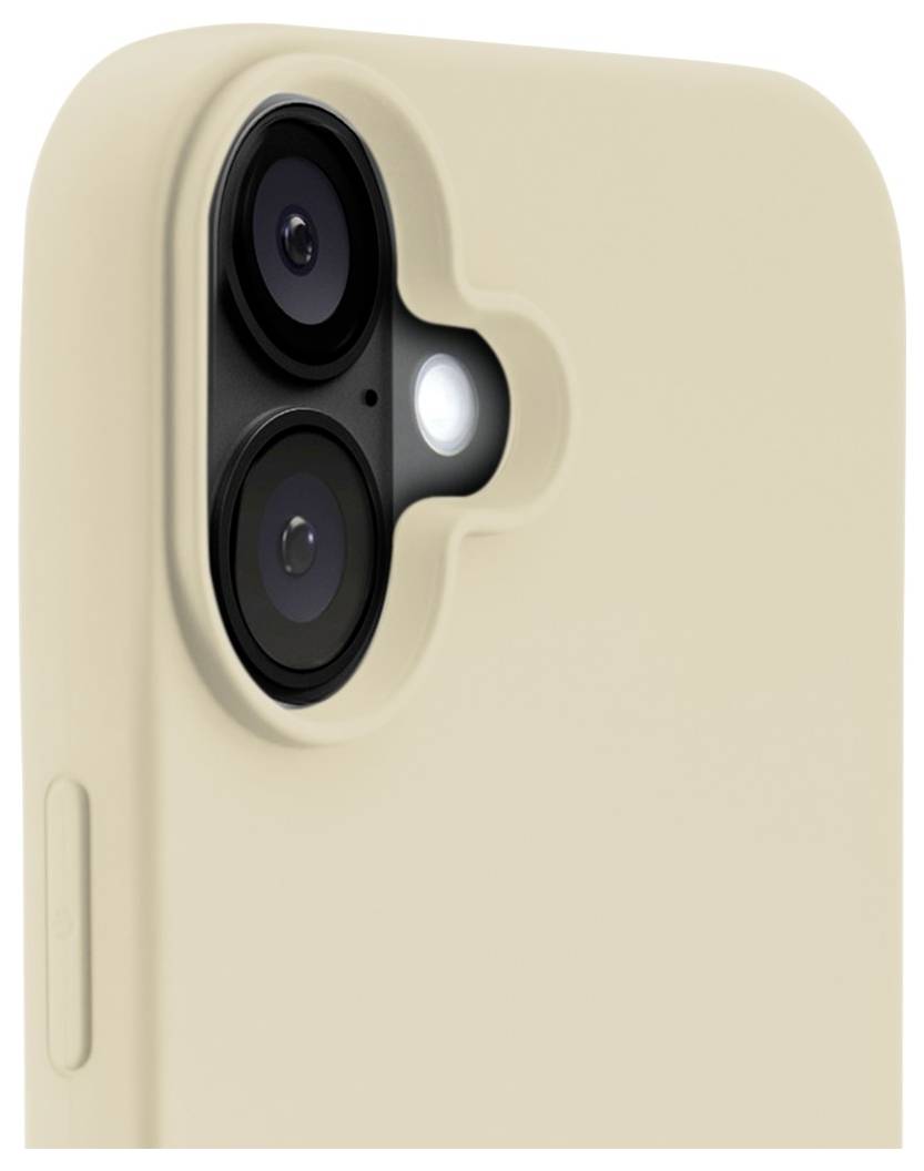 Nahaufnahme einer hellbeigen Smartphone-Hülle mit sichtbaren Ausschnitten für die Dual-Kamera und den Blitz, die eine präzise Passform um den Kamerabereich des Geräts zeigt.