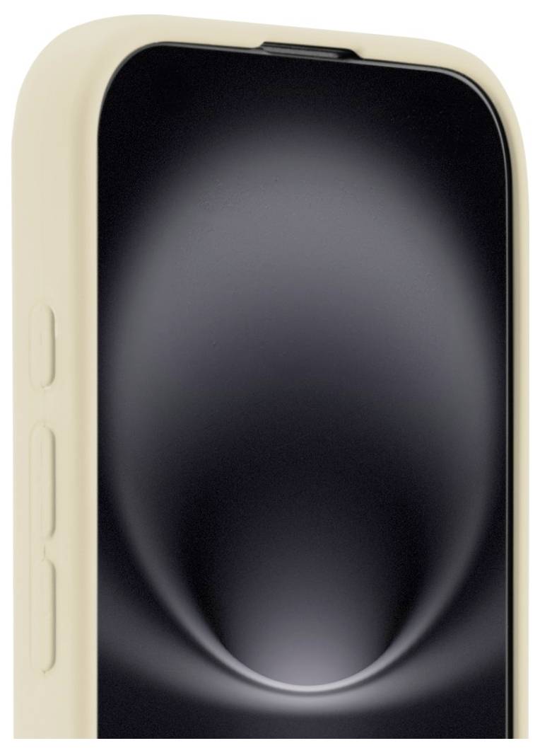 Ein Smartphone mit einer cremefarbenen Hülle, das die obere Kante und Seitenknöpfe vor einem dunklen, reflektierenden Bildschirm zeigt.
