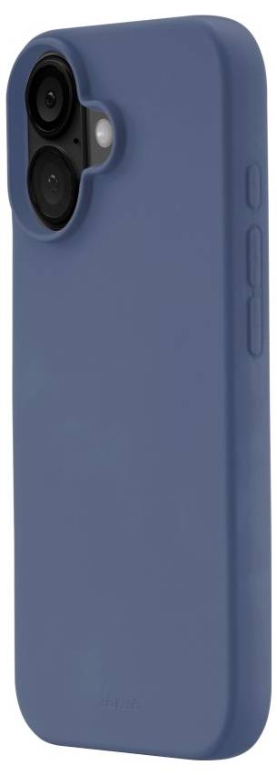 Eine blaue Silikon-Handyhülle mit Aussparungen für die Kamera und Tasten, entworfen für ein Smartphone, von der Rückseite in Seitenansicht gezeigt.