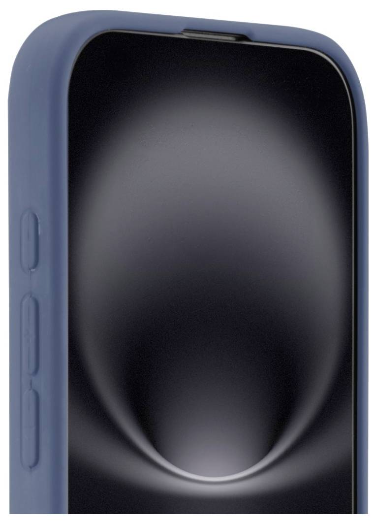 Ein Smartphone mit einer blauen Hülle, das einen schwarzen Bildschirm mit einem reflektierenden Lichtmuster zeigt, von der Seite betrachtet, wobei die Kurven betont werden.