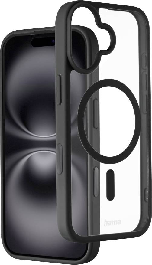 Schwarzes Smartphone mit einem unscharfen abstrakten Hintergrund, daneben ein transparenter Handycase mit schwarzen Kanten, der ein kreisförmiges Design zeigt.