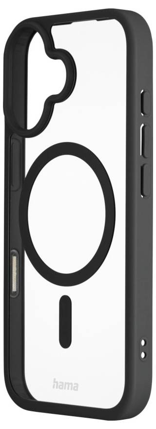 Eine transparente Smartphone-Hülle mit schwarzem Rand und großem kreisförmigen Design auf der Rückseite, die für ein Gerät mit seitlichen Tasten und Kamera-Ausschnitt konzipiert ist.