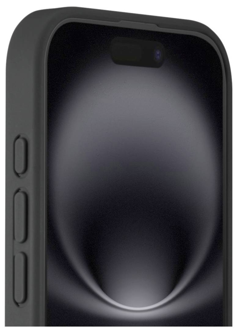 Ein Smartphone mit einem dunklen, reflektierenden Bildschirm, der ein graues kreisförmiges Leuchtmuster zeigt. Das Gerät hat ein schwarzes Gehäuse mit seitlichen Tasten.