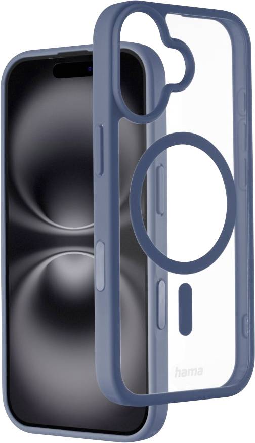 Transparente Handyhülle mit blauem Rand, die neben einem Smartphone gezeigt wird und die Kamera- und Ladeanschluss-Aussparungen der Hülle hervorhebt.