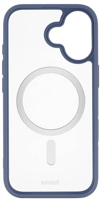 Eine blaue Handyhülle mit transparenter Rückseite, die ein kreisförmiges magnetisches Ladungsmuster und einen Dual-Kamera-Ausschnitt aufweist.