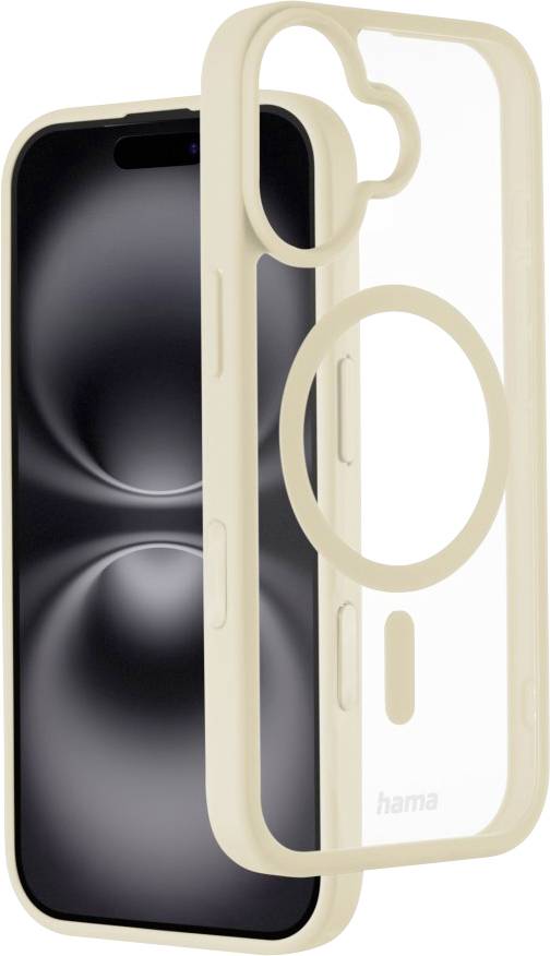 Ein Smartphone mit einem dunklen Display liegt neben einem beigen Telefonkoffer, der auf der Rückseite ein kreisförmiges MagSafe-Design aufweist.