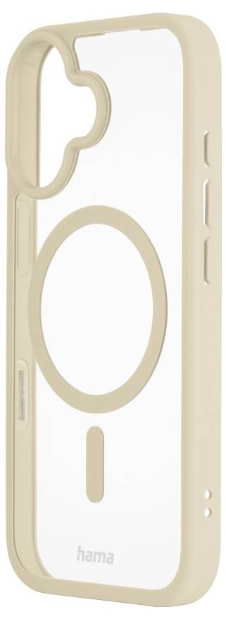 Eine beige Handyhülle mit durchsichtigem Rücken, MagSafe-Ring und Aussparungen für Tasten.