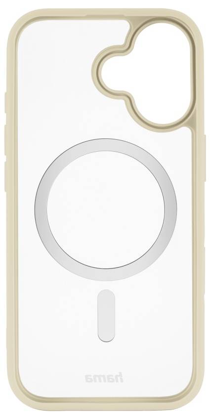 Eine beige und transparente Handyhülle mit einem kreisförmigen Design auf der Rückseite und einem unregelmäßig geformten Kameraausschnitt, kompatibel mit MagSafe.