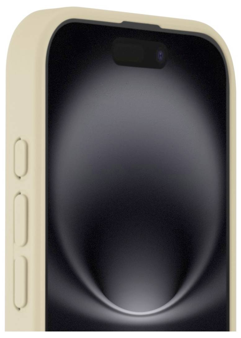 Ein Smartphone mit einer beigen Hülle, das den oberen Bildschirmbereich und die seitlichen Tasten zeigt.