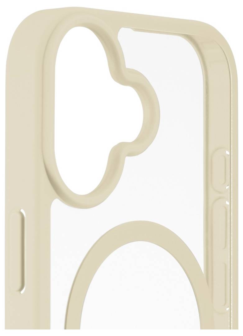 Beige Handyhülle mit wolkenförmiger Kameraaussparung, abgerundeten Ecken und seitlichen Tastenöffnungen.