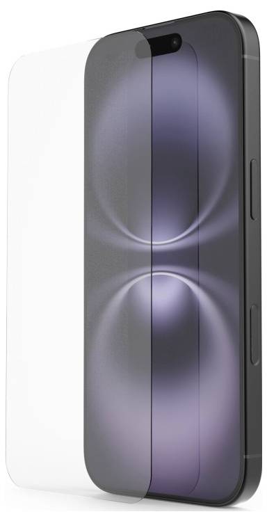 Ein Smartphone mit einer Schutzfolie auf dem Bildschirm, das ein schlankes Design mit sichtbaren Seitenknöpfen präsentiert. Der Bildschirm zeigt ein verschwommenes abstraktes Bild.