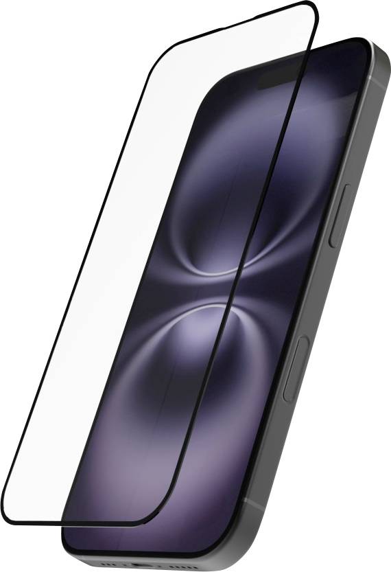 Smartphone mit einem Displayschutz, der eine abstrakte lila und schwarze Tapete zeigt. Sichtbare Seitenknöpfe deuten auf ein schlankes Design hin.