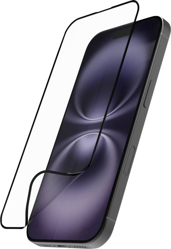 Ein Smartphone mit einem auf das gekrümmte Glasdisplay aufgebrachten Displayschutz, der ein minimalistisches Design mit einem dunklen, abstrakten Hintergrund auf dem Bildschirm aufweist.