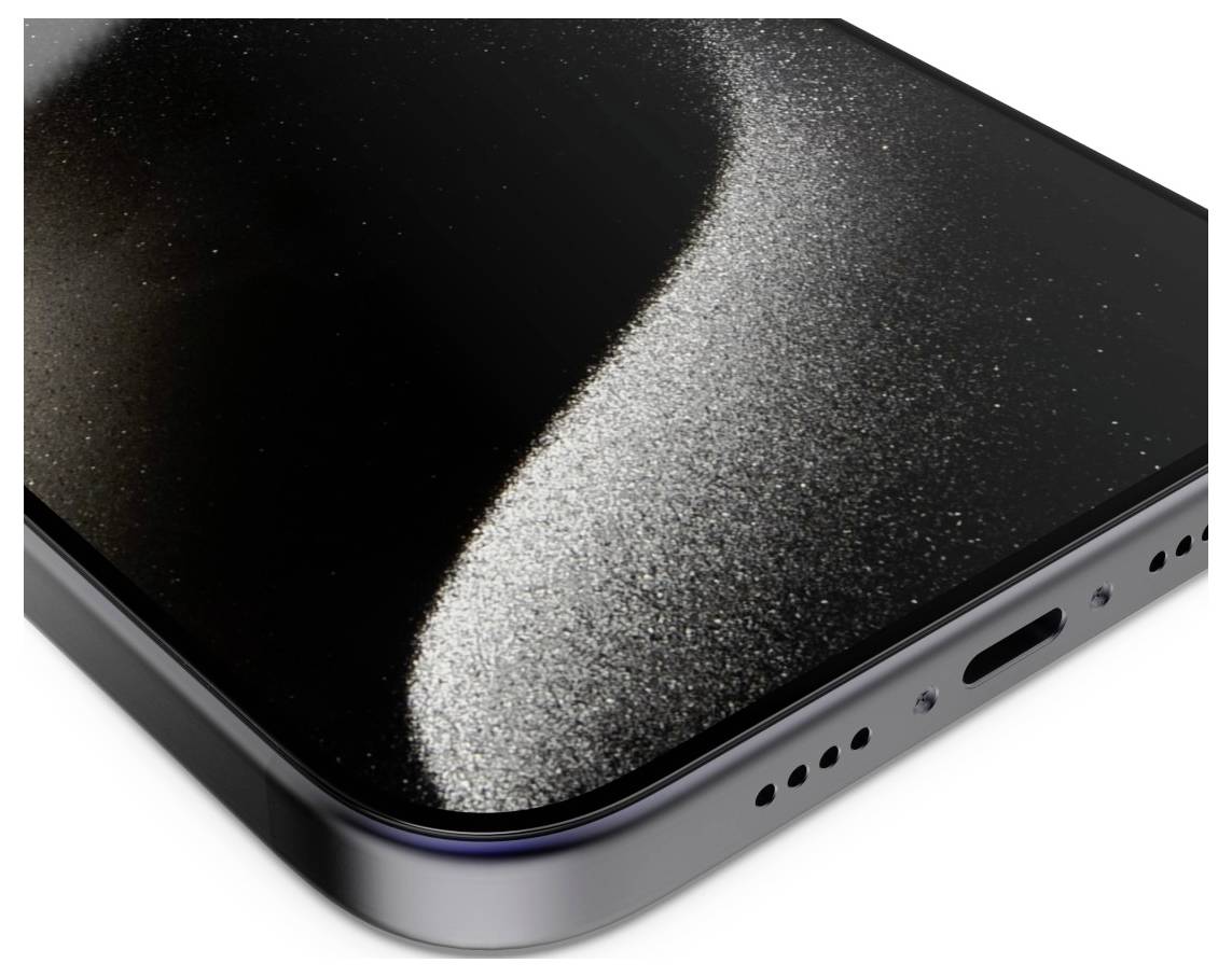 Eine Nahaufnahme einer eleganten Smartphone-Ecke hebt eine reflektierende, metallische Oberfläche mit einem dezenten Glitzermuster hervor, die einen Teil des Ladeanschlusses und der Lautsprecher zeigt.