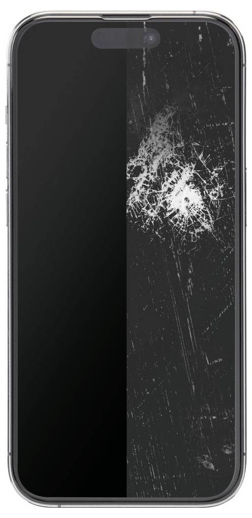 Ein Smartphone mit einem gesprungenen Bildschirm auf der rechten Seite, der weiße Risse vor einem dunklen Hintergrund zeigt.