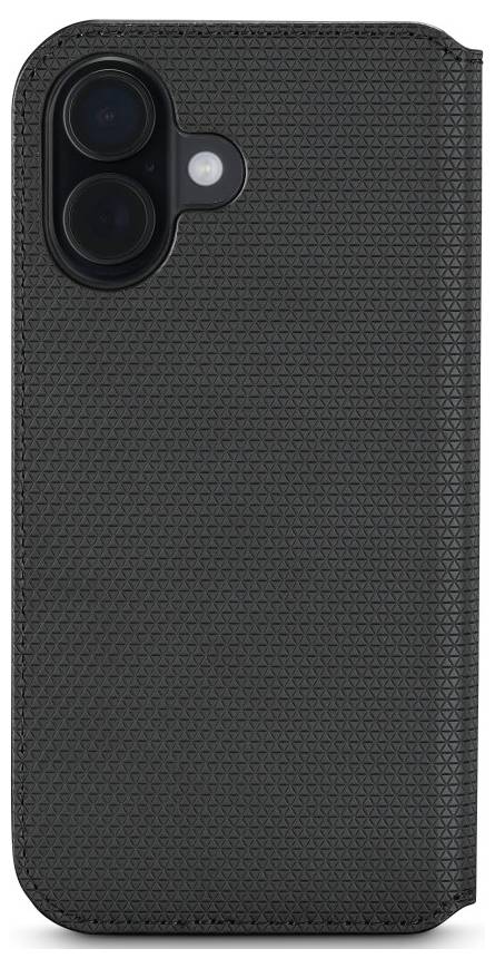 Ein schwarzer, strukturierter Handycase, von hinten gezeigt, mit Kameraausschnitten und einem leicht abgerundeten Kantendesign.