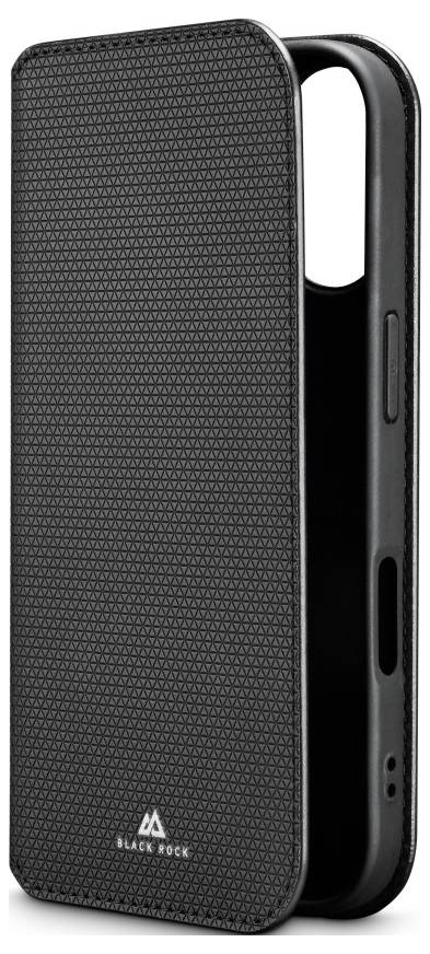 Eine strukturierte schwarze Handyhülle mit Klapphülle steht aufrecht. Der Markenname 'Black Rock' ist nahe dem unteren Ende der Klappe eingeprägt.