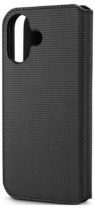 Ein strukturiertes schwarzes Handyhülle mit einer Kameraausschnitt, konzipiert für vertikales Klappöffnen.