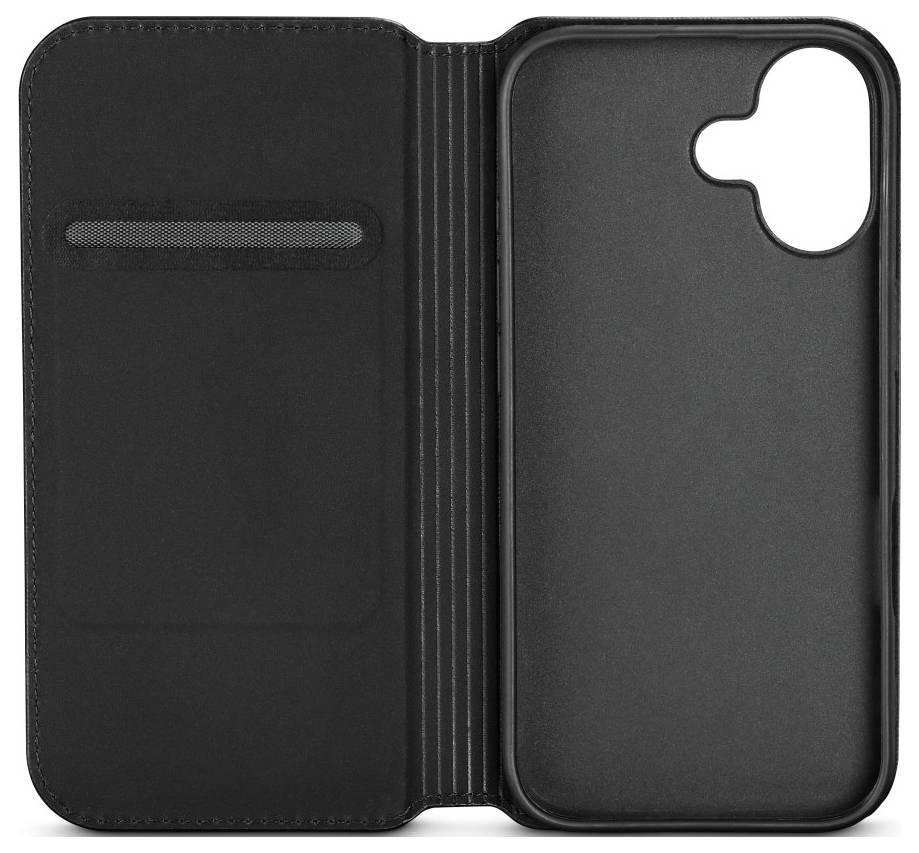 Eine schwarze Flip-Handyhülle steht aufrecht und präsentiert ihr strukturiertes Frontdesign sowie eine offene Seite für Telefonzugang, auf der das 'Black Rock' Logo zu sehen ist.