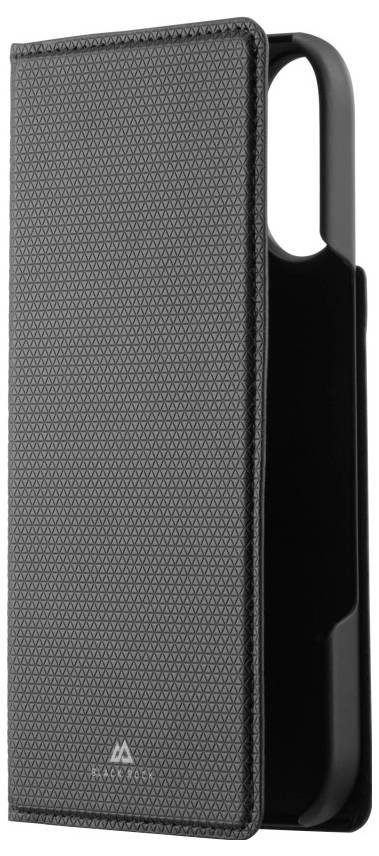 Eine schwarze Smartphone-Hülle mit einer strukturierten Vorderseite, teilweise geöffnet, die ein schlankes Design und Platz für Kamerazugang offenbart.