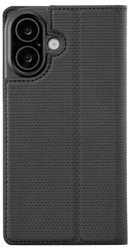 Ein Telefon in einem schwarzen strukturierten Gehäuse, das die Rückseite mit Dual-Kameras und einem Blitz zeigt.