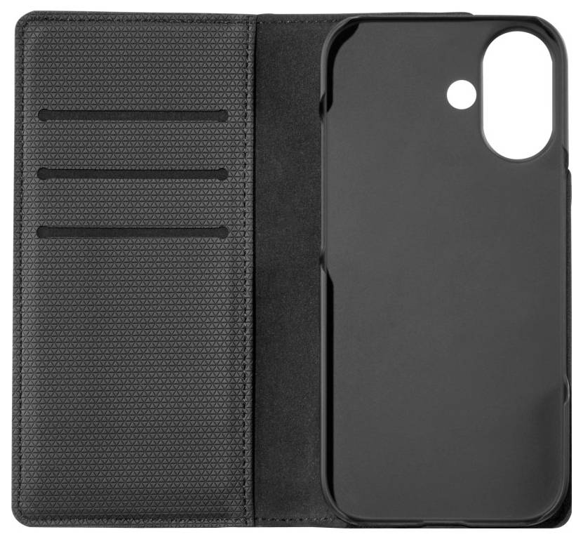 Schwarze Handyhülle geöffnet, mit Kartenfächern auf der linken Seite und einem Telefonhalter auf der rechten Seite, entwickelt für Schutz und Organisation.