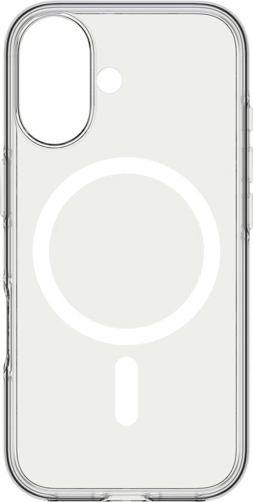 Eine transparente Handyhülle, die ein kreisförmiges MagSafe-Design auf der Rückseite zeigt, geeignet für Kompatibilität mit drahtlosem Laden und magnetischen Zubehörteilen.