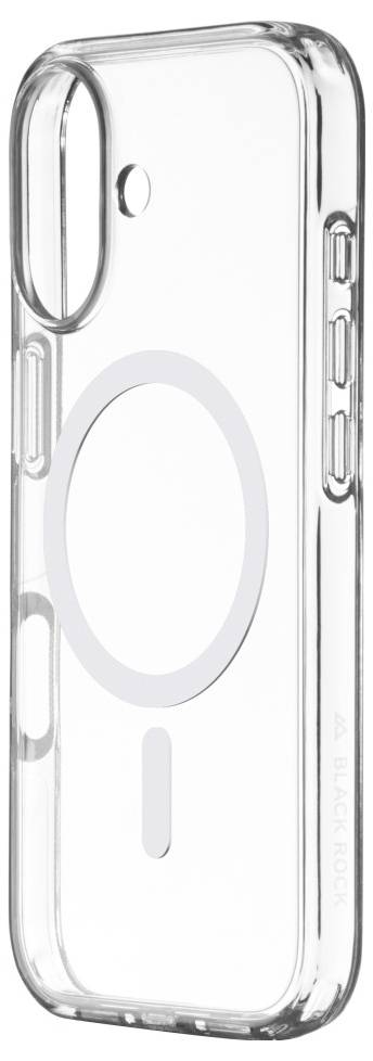 Transparente Handyhülle mit einem eingebetteten kreisförmigen Magneten für MagSafe-Kompatibilität, entwickelt für ein Smartphone mit Dual-Kamera.