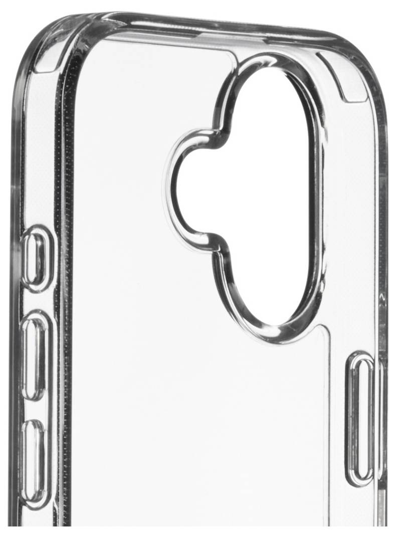 Eine transparente Smartphone-Hülle mit Aussparungen für die Kamera und Tasten, entwickelt für ein Gerät mit einem gekrümmten Kameramodul.