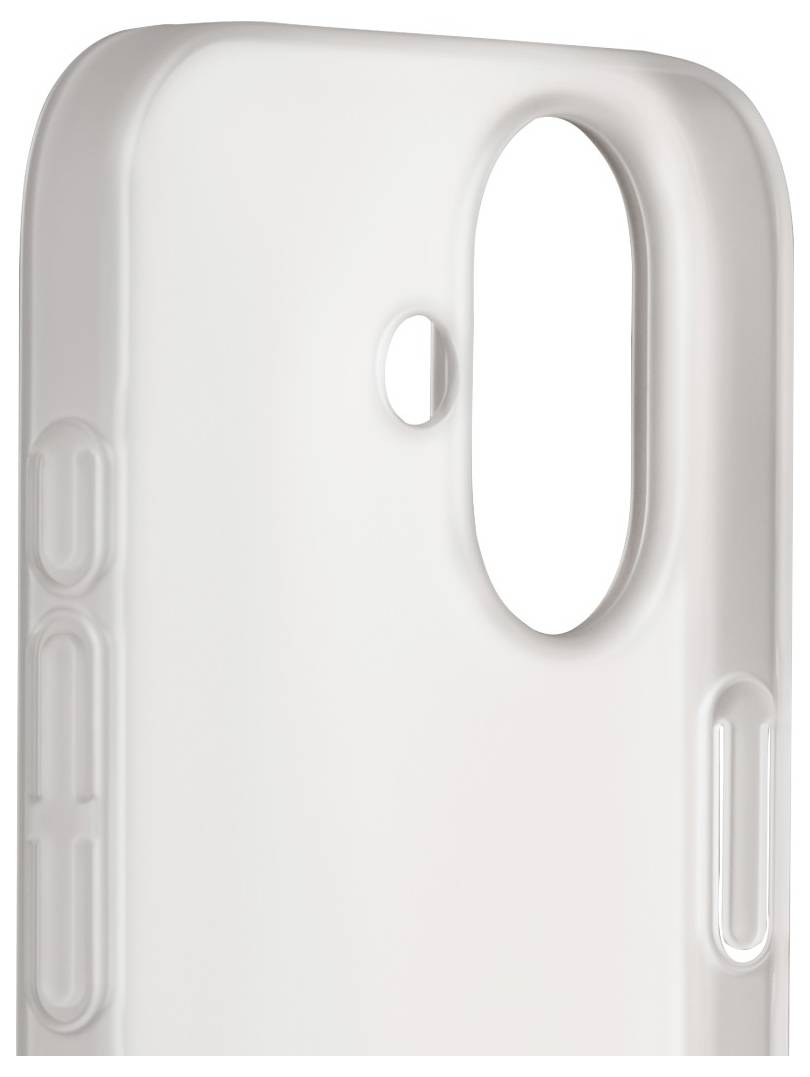 Eine weiße Handyhülle mit einer Aussparung für die Kamera und einem kleinen Knopf in der oberen linken Ecke, die ein schlankes und minimalistisches Design aufweist.