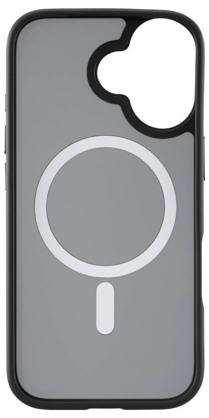 Eine Handyhülle mit einer dunkelgrauen Rückseite, die ein großes weißes Kreisdesign mit einer kleinen Linie, die nach unten verläuft, aufweist und möglicherweise die MagSafe-Kompatibilität signalisiert.