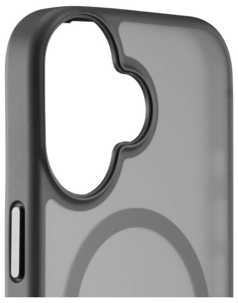 Eine Nahaufnahme einer schwarzen und grauen Smartphone-Hülle mit einem kreisförmigen Designelement und einer Kameraausschnitt oben links.