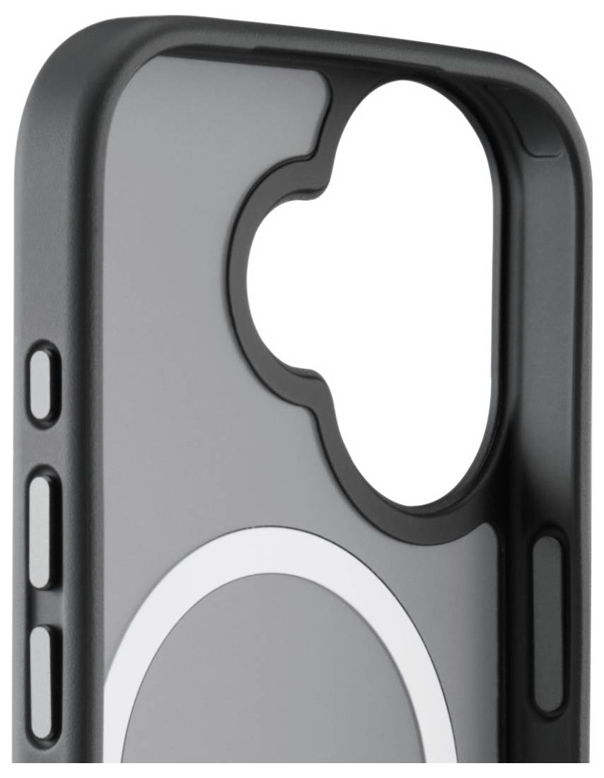 Eine schwarze Handyhülle mit einem Kamera-Ausschnitt und einem kreisförmigen Design auf der Rückseite, mit Tastenabdeckungen an der Seite.