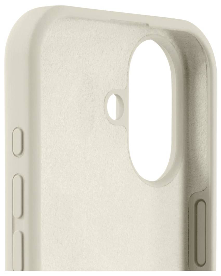 Eine beige Handyhülle mit präzisen Aussparungen für Kamera und Seitenknöpfe, die ein schlankes, minimalistisches Design zur Schau stellt.