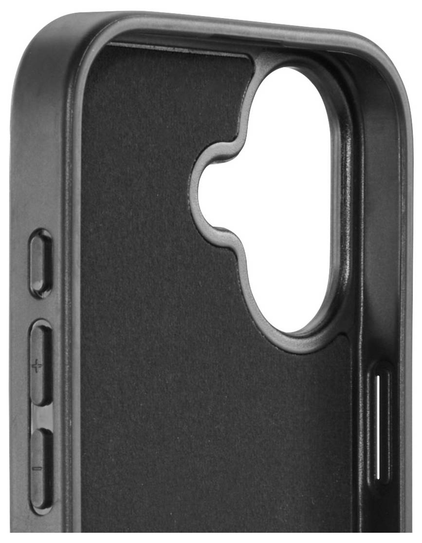 Eine schwarze Smartphone-Hülle mit Aussparungen und Tastenabdeckungen, die ihr Schutzdesign zeigt.