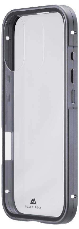 Eine transparente Smartphone-Hülle mit einem schwarzen Rand, mit Aussparungen für Anschlüsse und Tasten, mit der Markierung 'Black Rock' am unteren Ende.