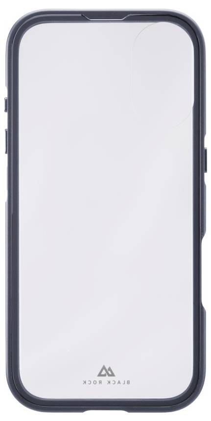 Ein Smartphone-Bildschirm mit einem schwarzen Schutzgehäuse, der einen leeren weißen Hintergrund zeigt. Oben befindet sich das Logo ‚BLACK ROCK.'