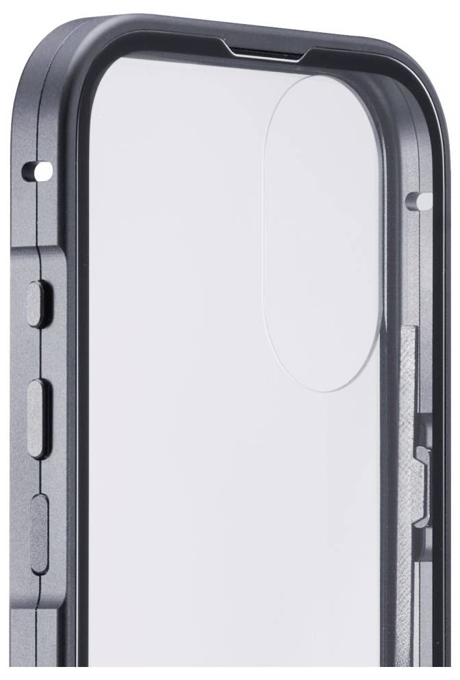 iPhone-Hülle mit durchsichtigem Rücken und integriertem MagSafe-Ring, mit präzisen Aussparungen für Tasten und Kameras, in dunkler Rahmenfarbe.