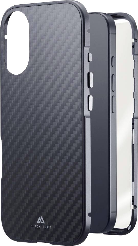 Smartphone mit Kohlefaser-Mustergehäuse von Black Rock. Hülle entfernt, um die Seitentasten und das elegante Design des Telefons zu zeigen.
