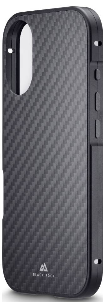 Eine schwarze, strukturierte Smartphone-Hülle mit Karbonfaser-Muster, die eine Aussparung für die Kamera sowie Seitenknöpfe für Lautstärke und Ein-/Ausschalten aufweist.
