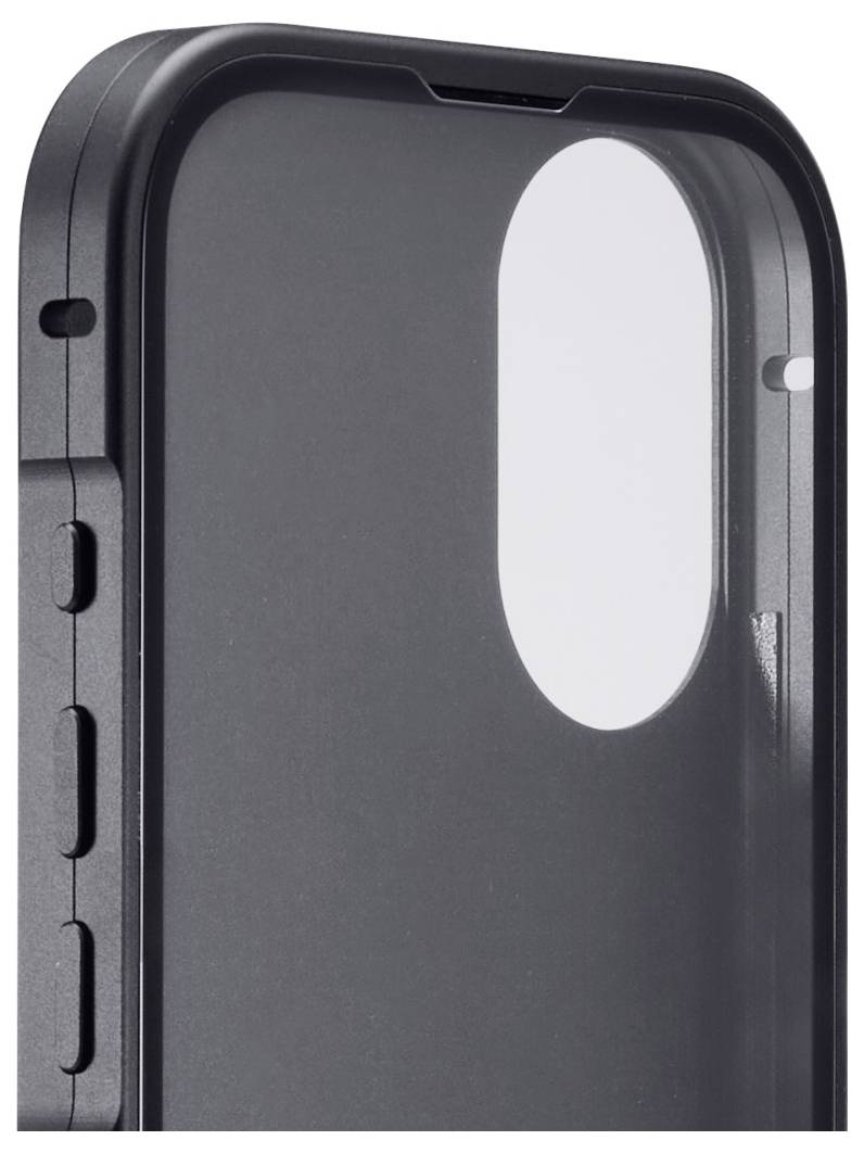 Eine Nahaufnahme einer schwarzen Handyhülle, die sich auf die Kameraausschnitt und Seitenknöpfe konzentriert, vor einem schlichten weißen Hintergrund.
