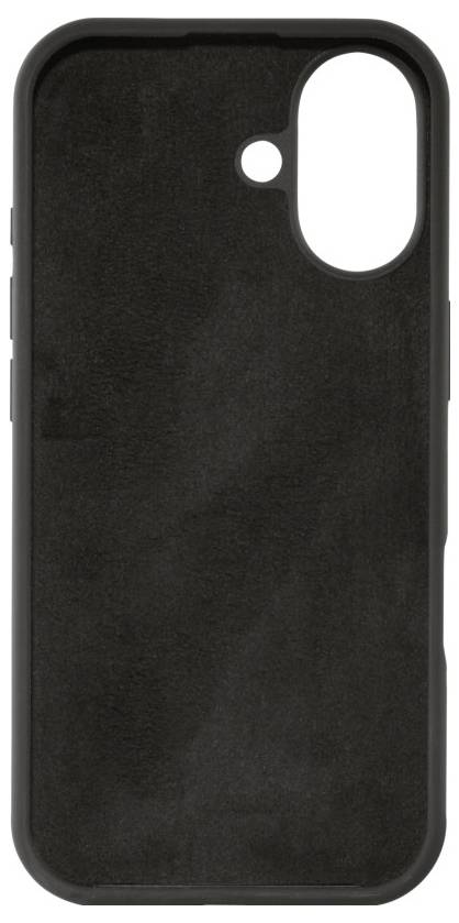 Eine schwarze Handyhülle mit Öffnungen für die Kamera und Tasten, entworfen für ein Smartphone, präsentiert auf einem schlichten weißen Hintergrund.