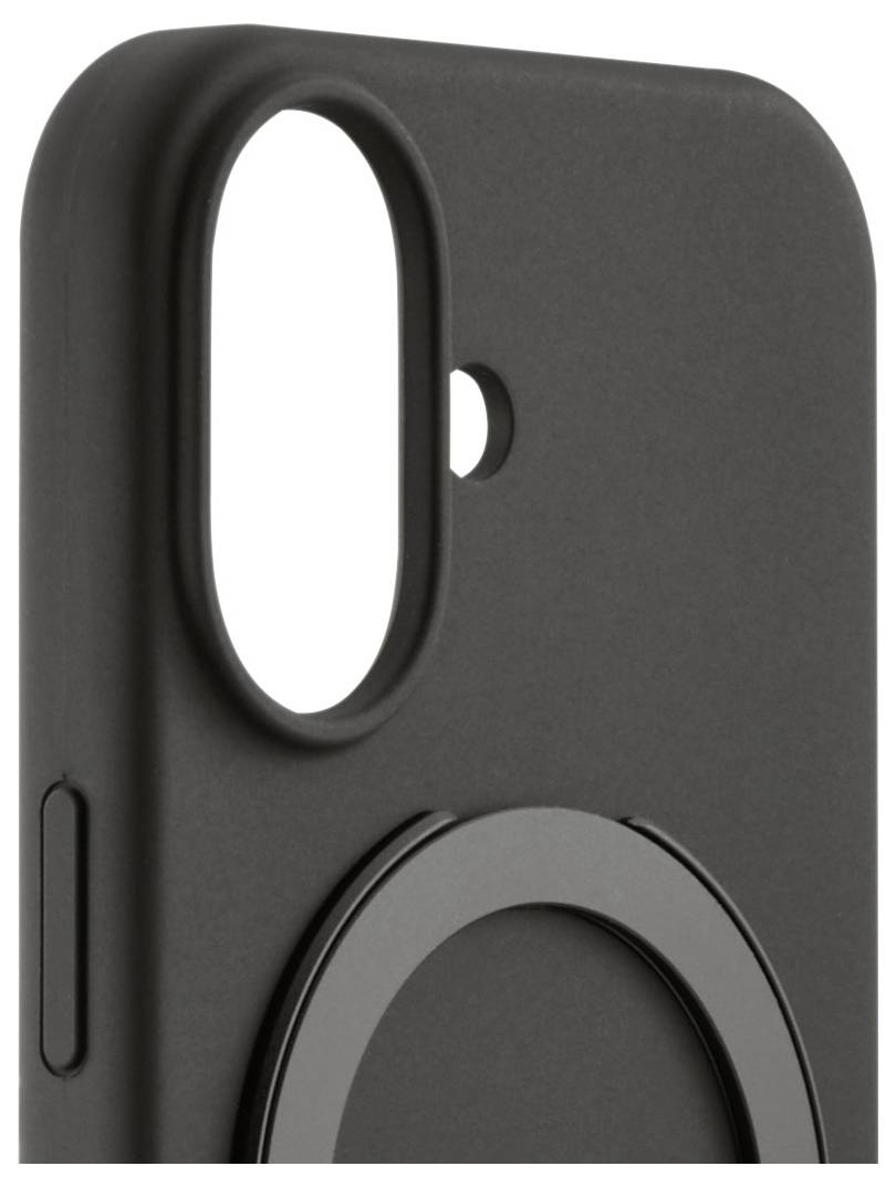 Eine schwarze Handyhülle mit einem MagSafe-Ring auf der Rückseite, entwickelt für ein Smartphone mit Dual-Kamera, mit einem seitlich sichtbaren Seitenknopf.