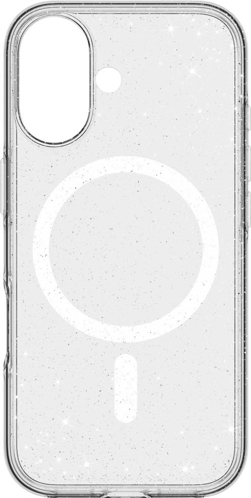 Eine durchsichtige Handyhülle mit MagSafe-kompatibler Konstruktion, die ein kreisförmiges und vertikales Streifendesign vor einem glitzernden Hintergrund aufweist.