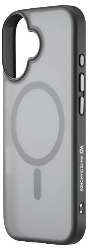 Transparente Handyhülle mit 'White Diamonds' Branding, schwarzen Kanten und magnetischem Ringdesign, geeignet für Geräte mit MagSafe-Kompatibilität.