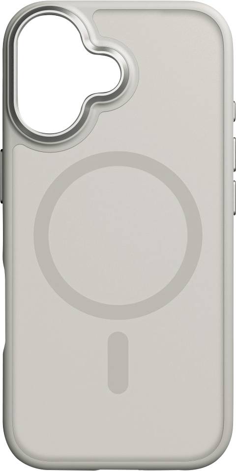 Eine beige Handyhülle mit einer linsenförmigen Kameraausparung oben links. Ein kreisförmiger MagSafe-Umriss ist in der Mitte sichtbar.