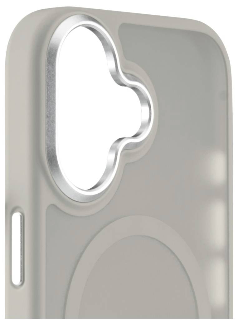 Eine hellgraue Handyhülle mit abgerundeter Kante und metallischer Einfassung um die Kameraaussparung.