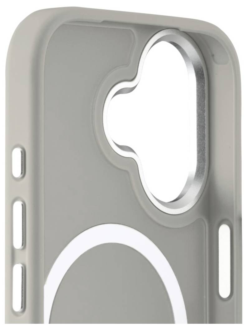 Eine Nahaufnahme eines grauen Smartphone-Gehäuses mit einer Kameraaussparung und seitlichen Buttonöffnungen, das für eine enge, passende Anpassung konzipiert ist.