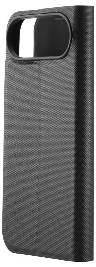 Eine schwarze, strukturierte Handyhülle mit einer großen Kameraausparung, entworfen für ein modernes Smartphone, von einem Winkel aus gezeigt.